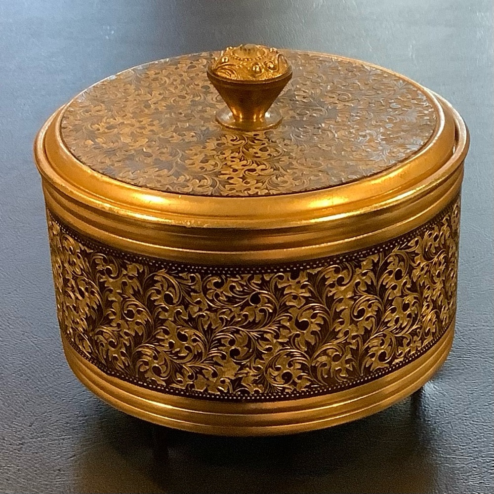 Ornate vintage 1966 etched Gold and Brown Decorative music Powder box dish